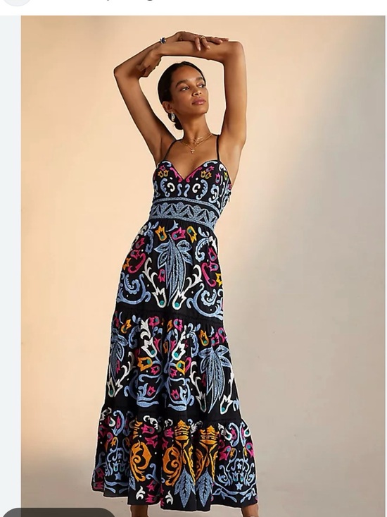 Anthropologie Dresses & Skirts - Anthropologie Black Multicolor Embroidered Spaghetti-Strap Maxi Dress w/ pockets